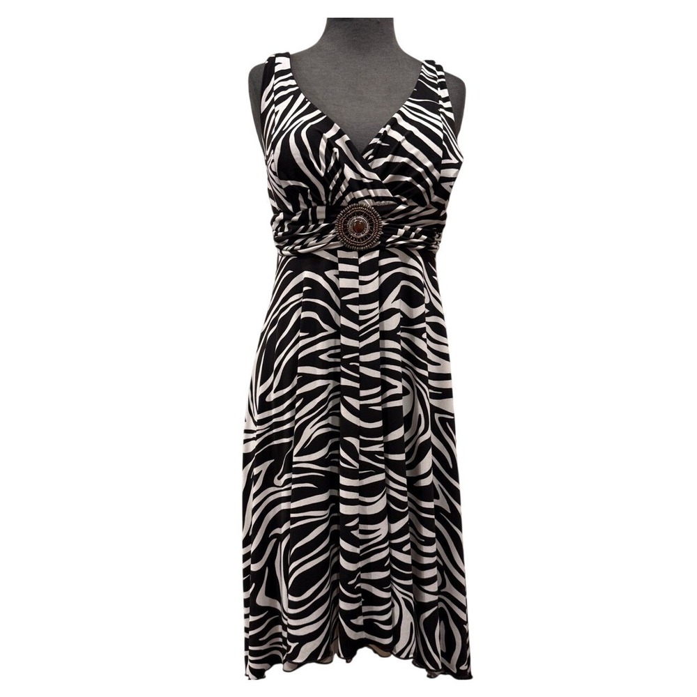 En Focus Studio Zebra‎ Print Beaded Medallion Midi Dress Black White Womens 10